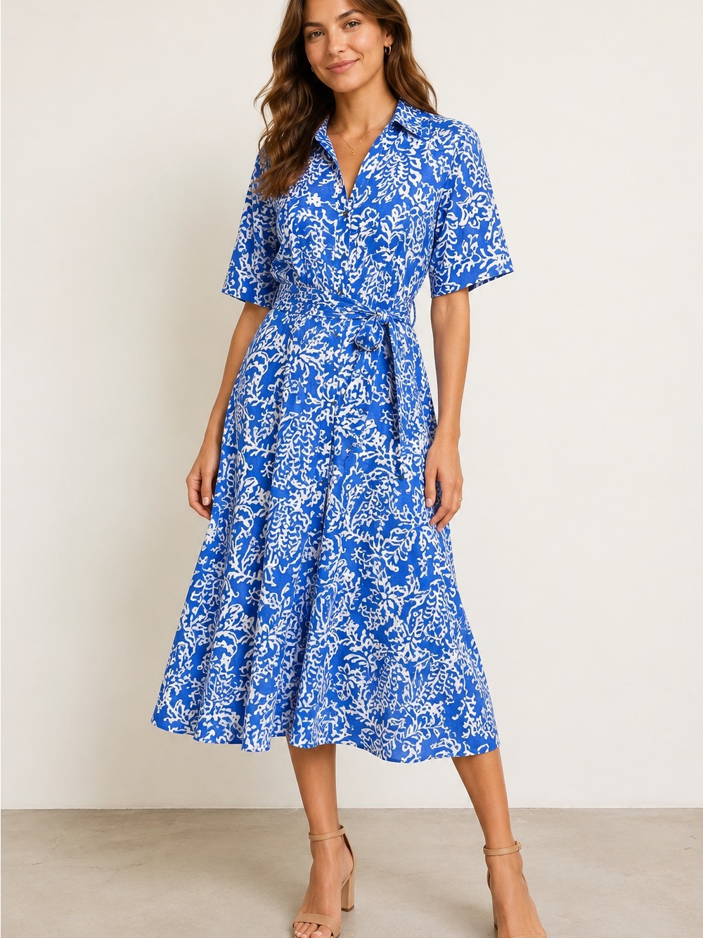 Zara Blue and White Printed Midi Shirt Dress with Tie Waist